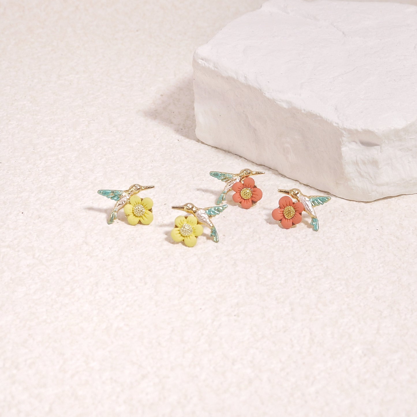 Poppy Mini Canary Bird and Floral Gold Stud Earrings