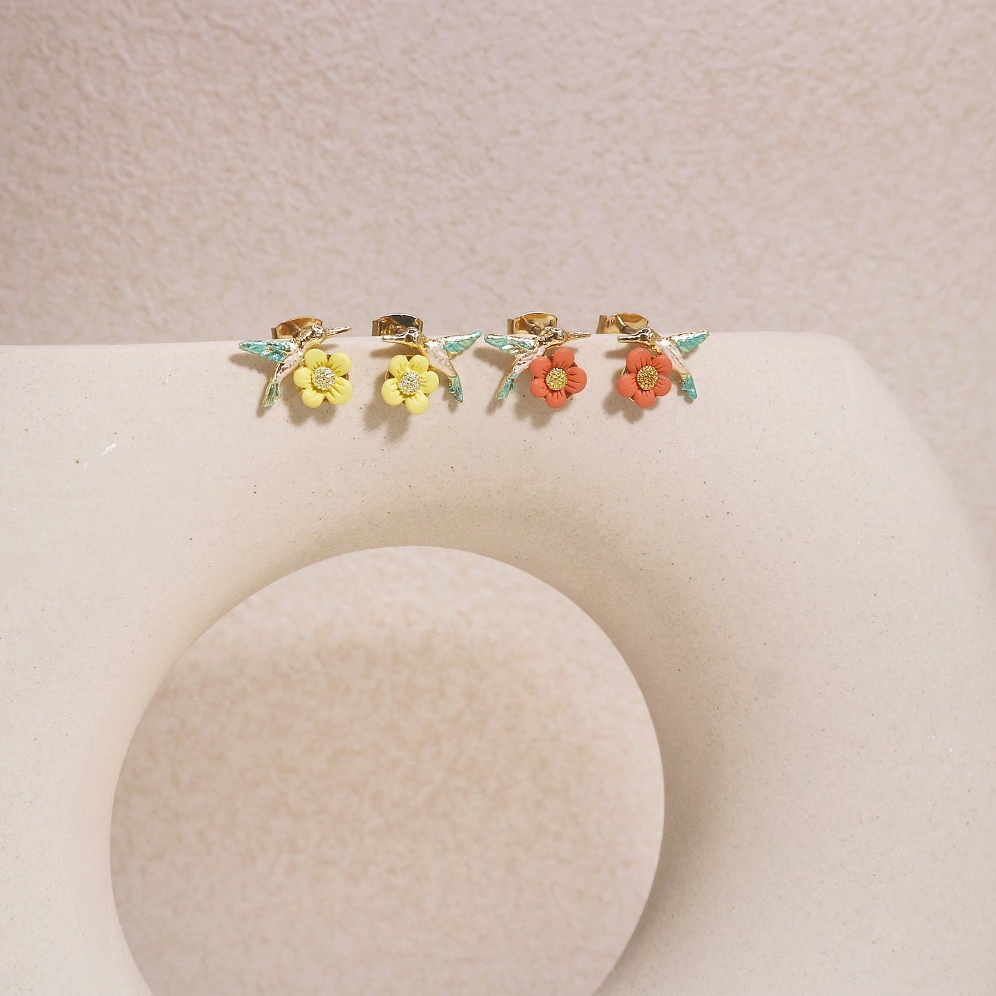 Poppy Mini Canary Bird and Floral Gold Stud Earrings
