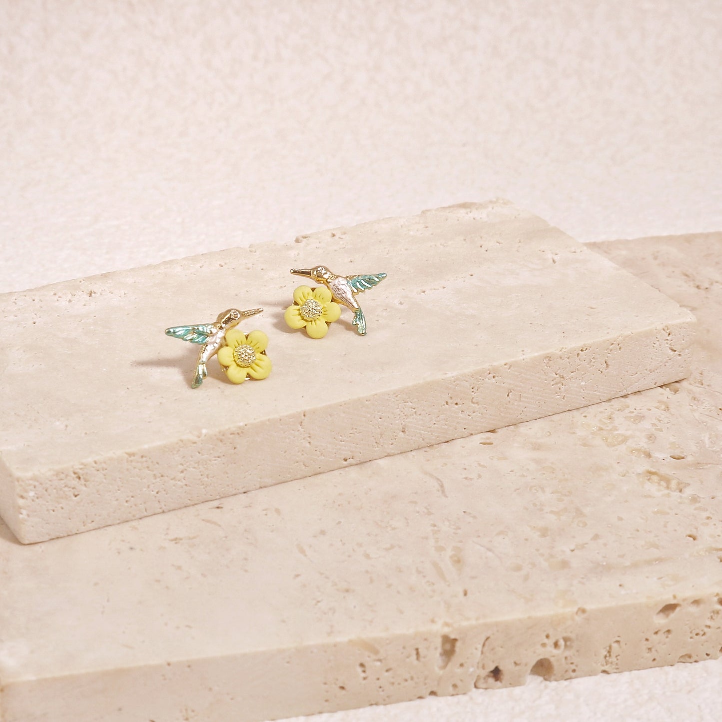 Poppy Mini Canary Bird and Floral Gold Stud Earrings