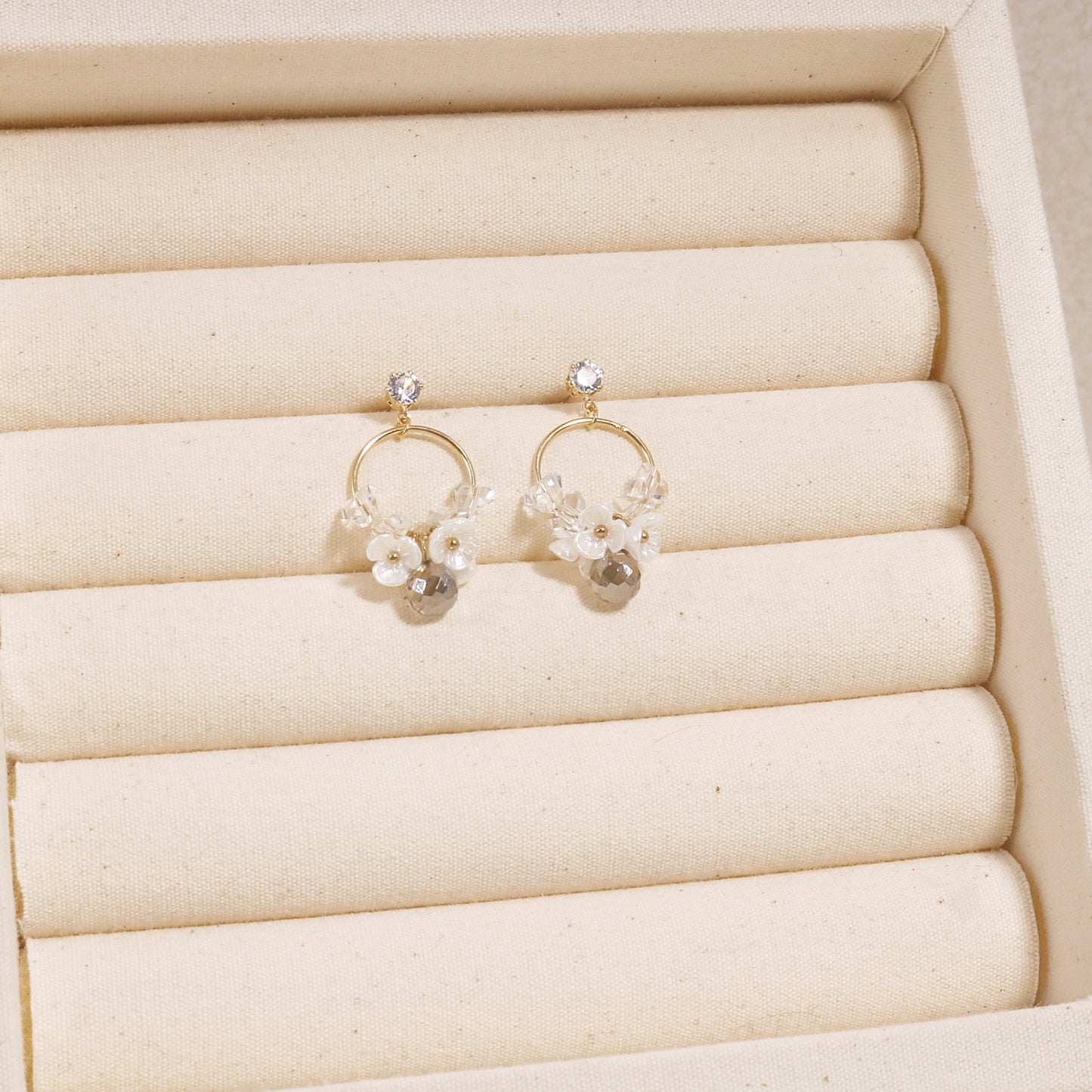 Brittania Mystic Gray Floral Cluster Dangle Earrings