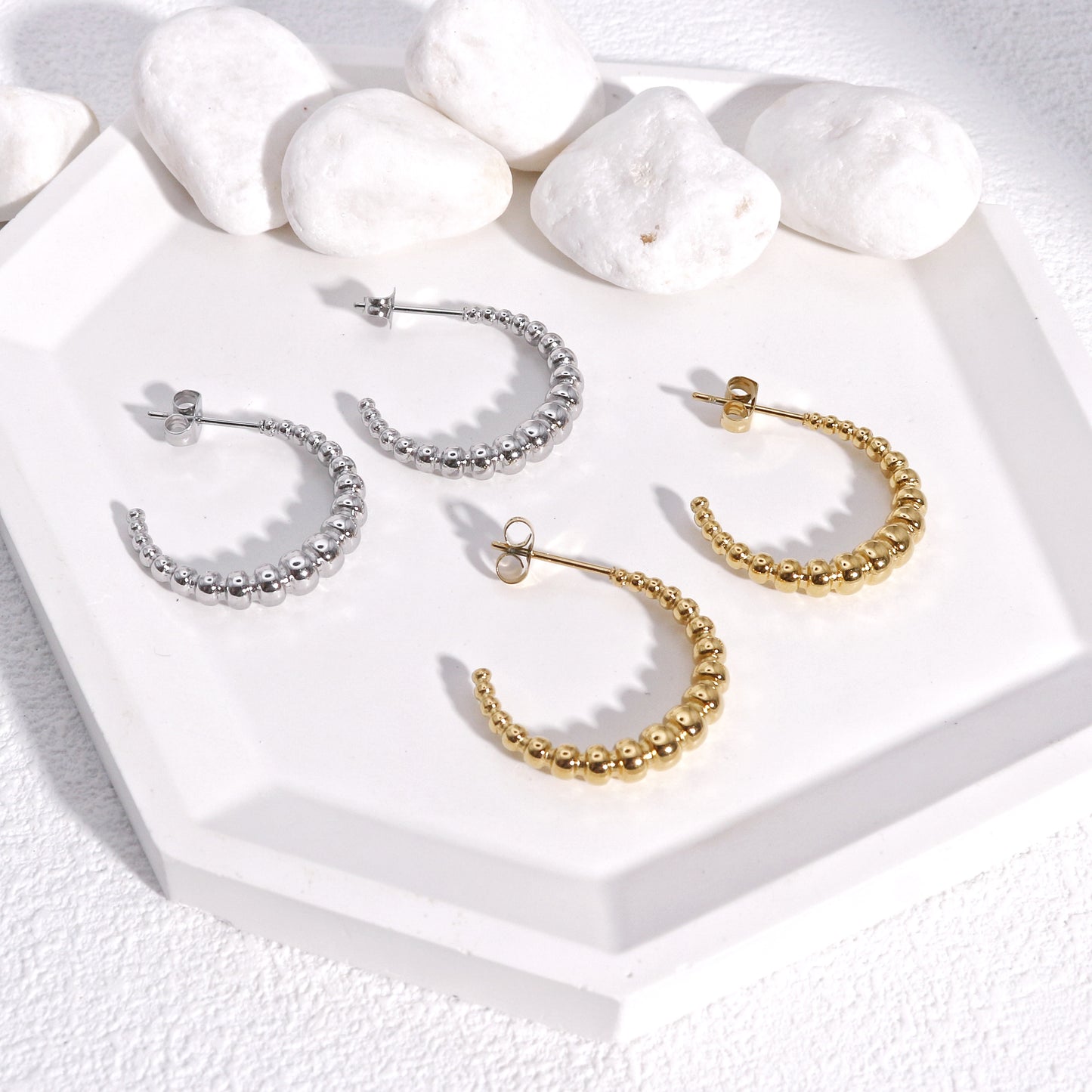 Evangeline Non Tarnish Steel Beaded Hoop Earrings