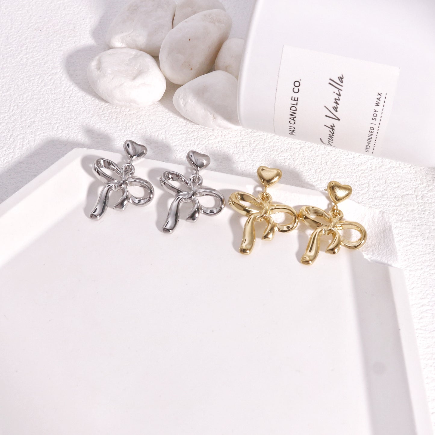 Colette Non-Tarnish Steel Bow Tie Ribbon Dangle Earrings