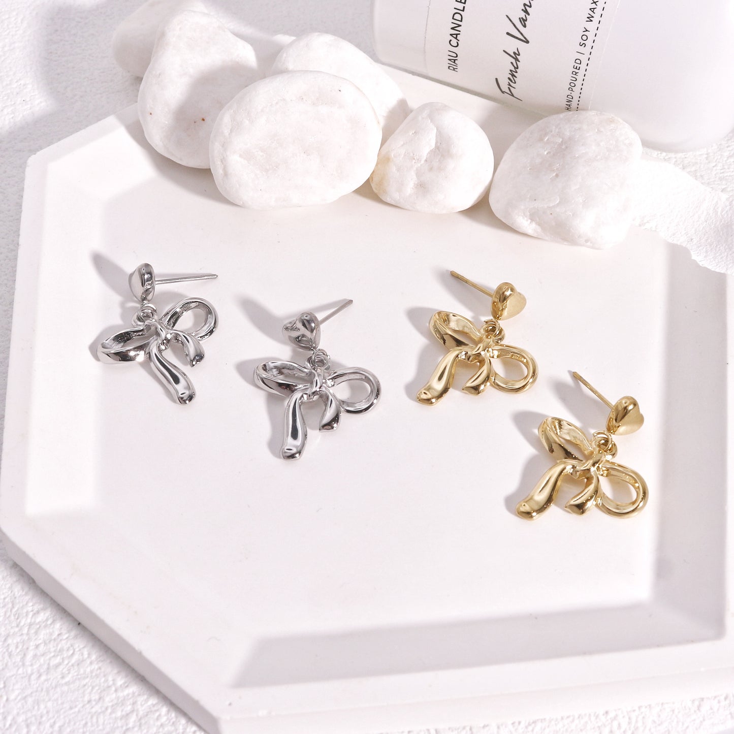 Colette Non-Tarnish Steel Bow Tie Ribbon Dangle Earrings