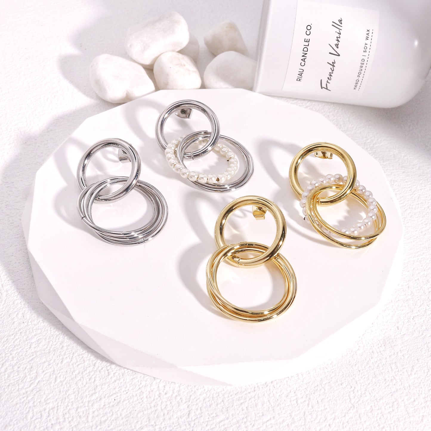 Destiny Double Circle and Pearl Drop Dangle Earrings