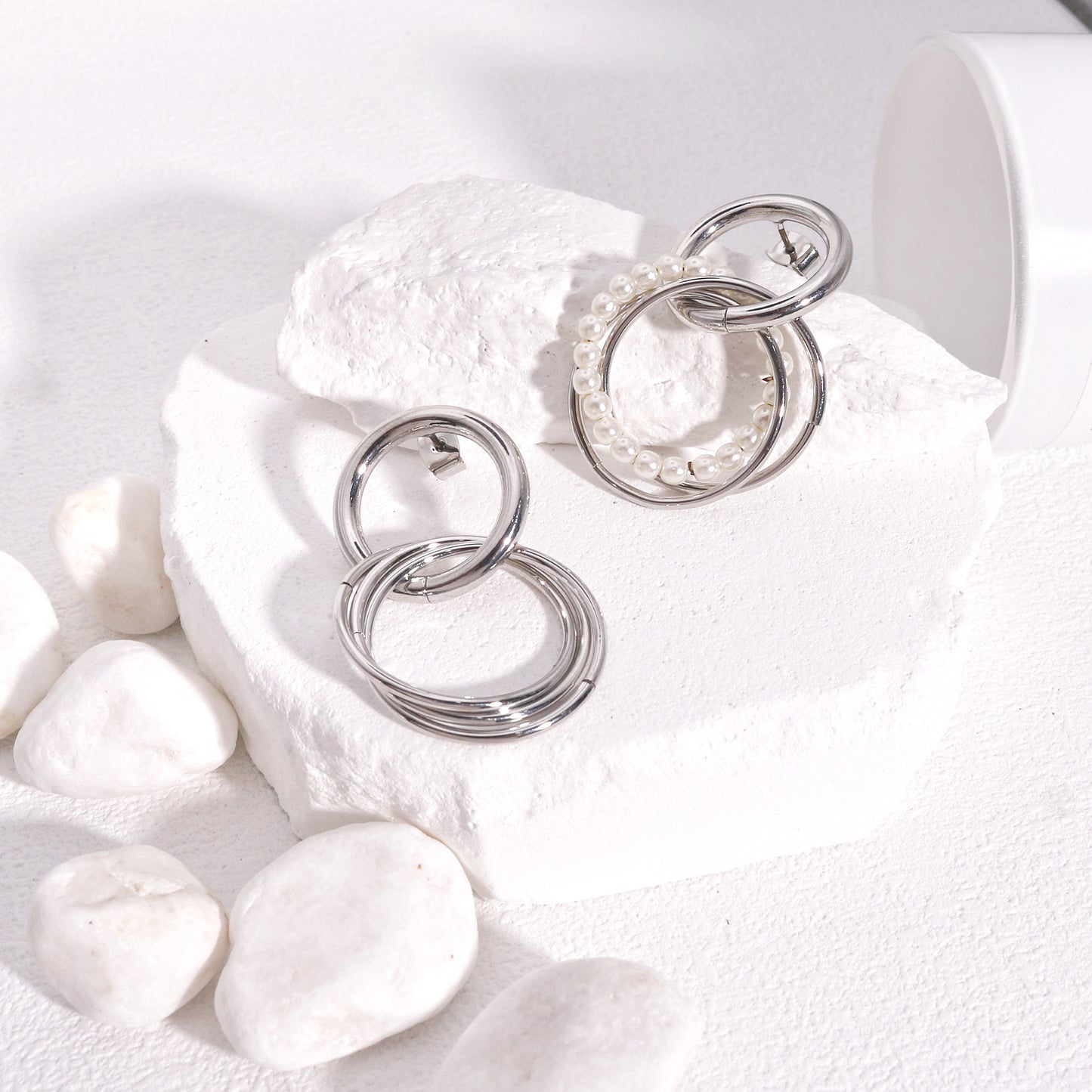Destiny Double Circle and Pearl Drop Dangle Earrings