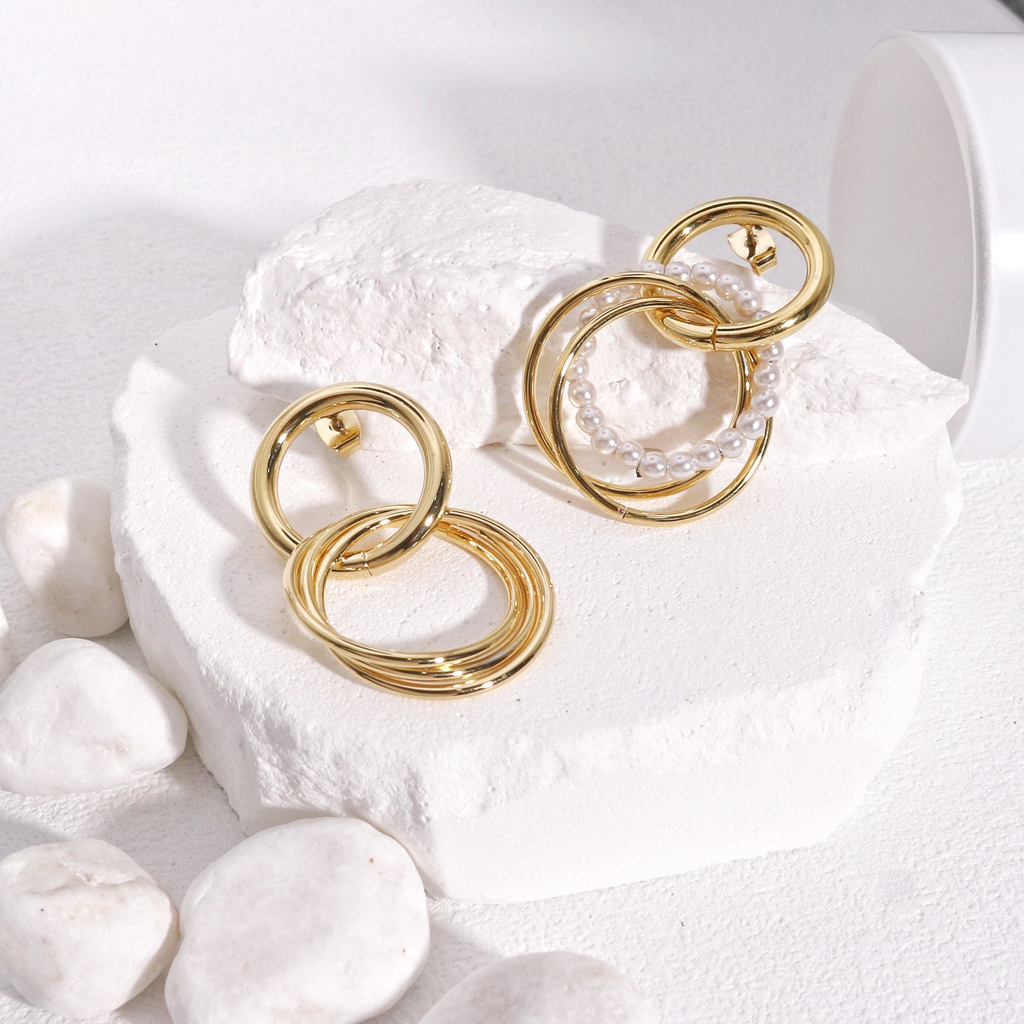 Destiny Double Circle and Pearl Drop Dangle Earrings