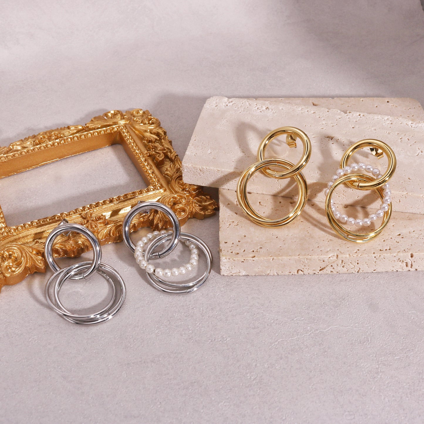 Destiny Double Circle and Pearl Drop Dangle Earrings