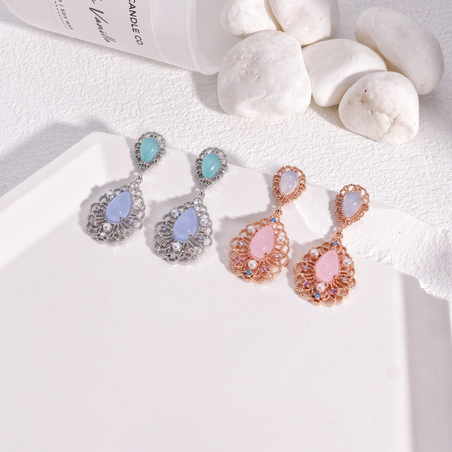 Evening Pastel Pink Blue Crystal Dangle Earrings