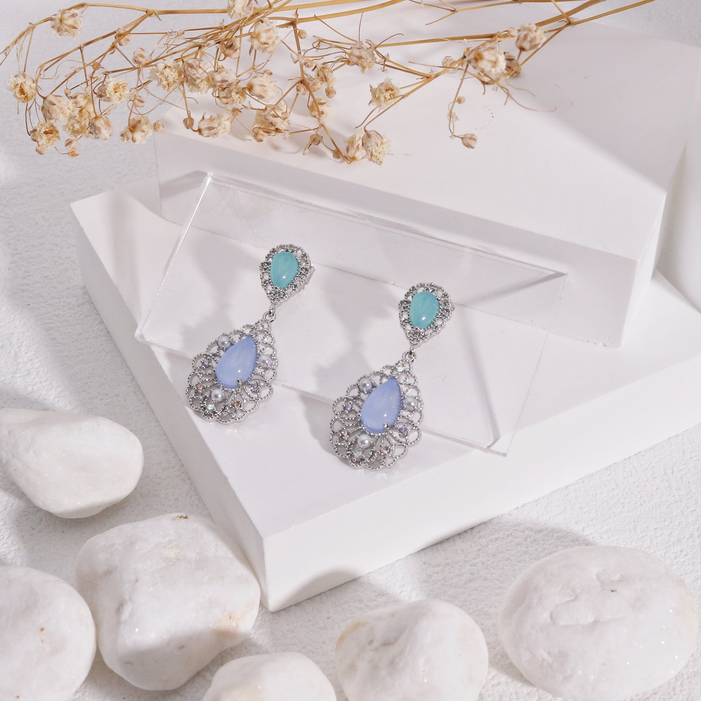 Evening Pastel Pink Blue Crystal Dangle Earrings