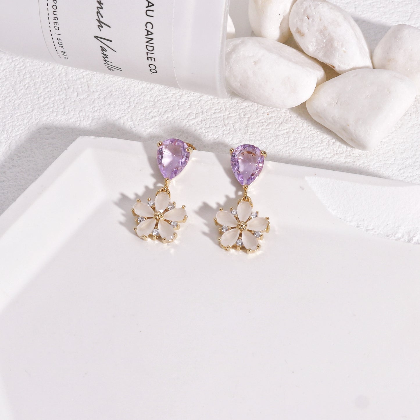 Avery Pastel Pink Floral CZ Drop Earrings