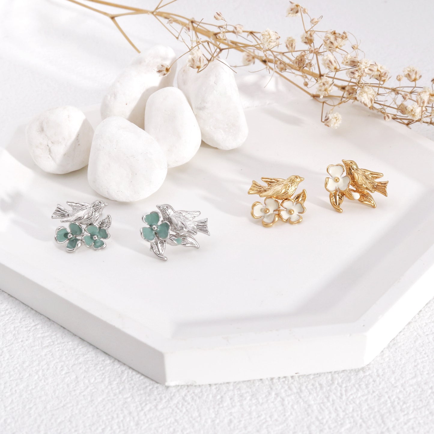 Olivia Minimalist Floral Bird Stud Earrings