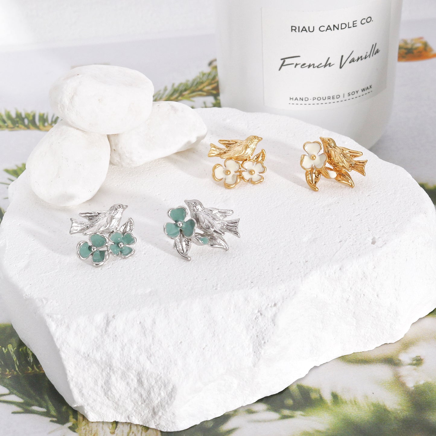Olivia Minimalist Floral Bird Stud Earrings