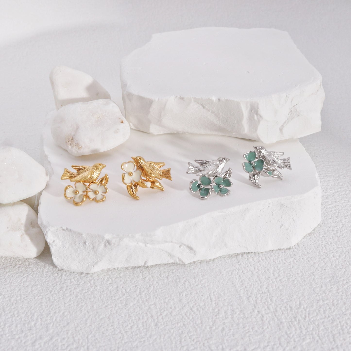 Olivia Minimalist Floral Bird Stud Earrings