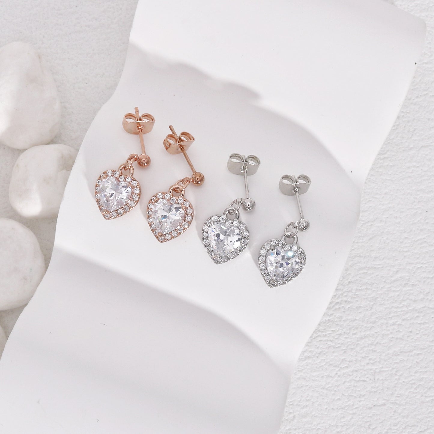 Chelsea Heart CZ Halo Drop Dangle Earrings