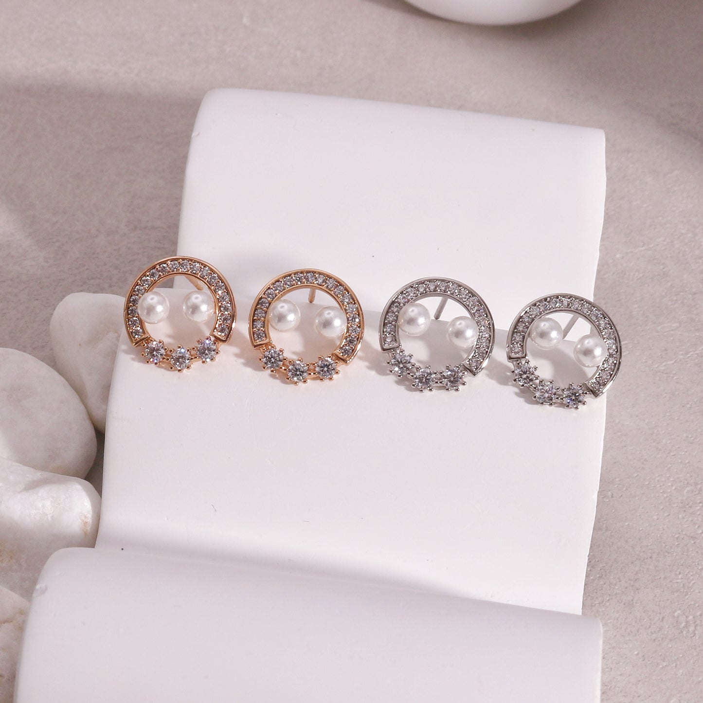 Ondessa CZ Pearl Round Stud Earrings