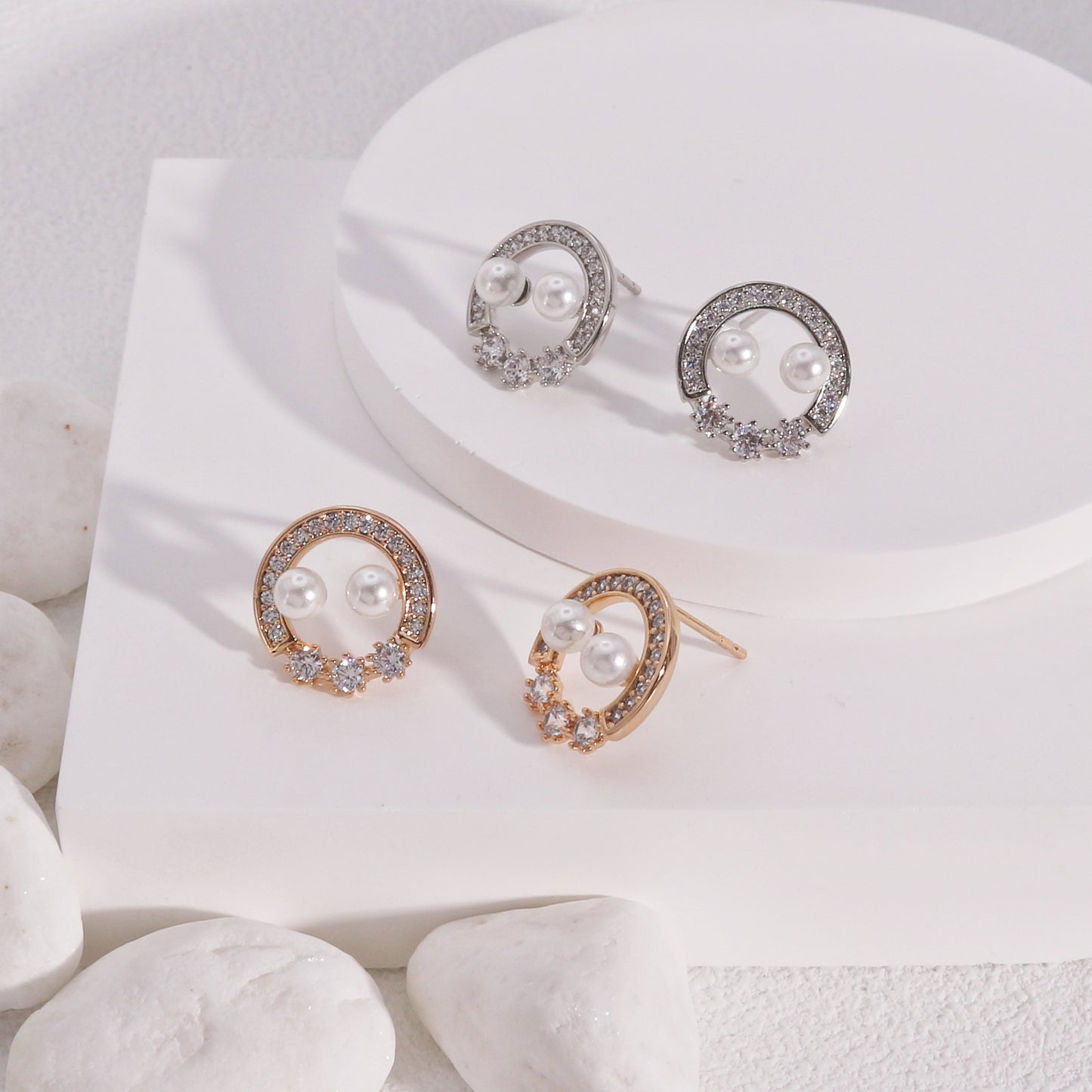Ondessa CZ Pearl Round Stud Earrings