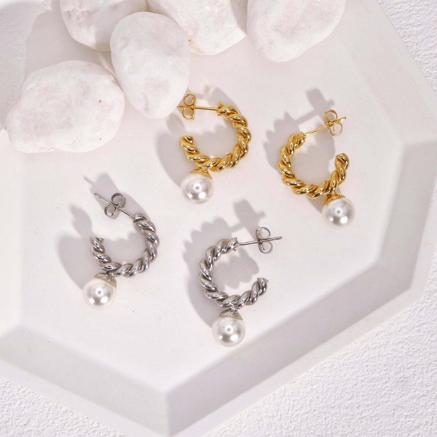 Erin Twisted Hoop and Pearl Drop Minimalist Earrings