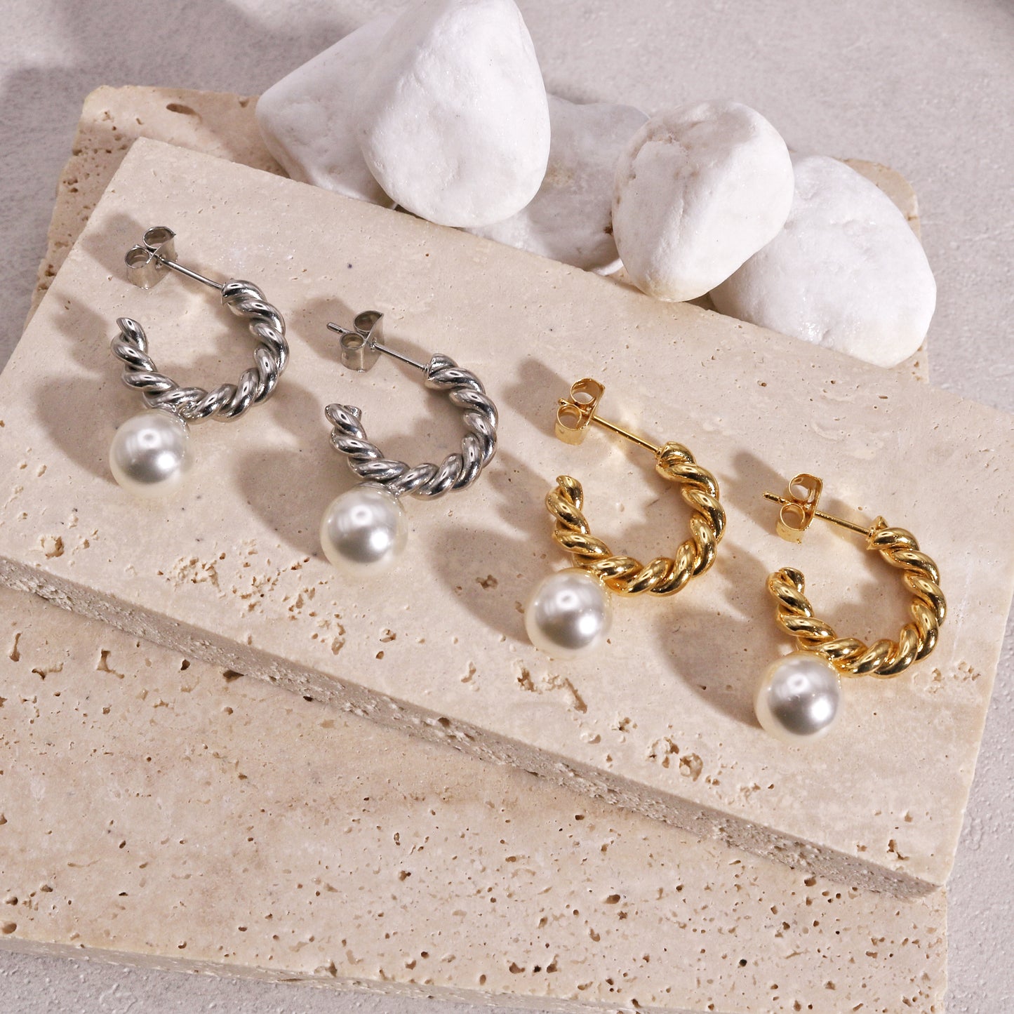 Erin Twisted Hoop and Pearl Drop Minimalist Earrings