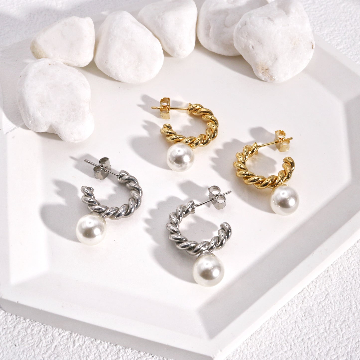 Erin Twisted Hoop and Pearl Drop Minimalist Earrings