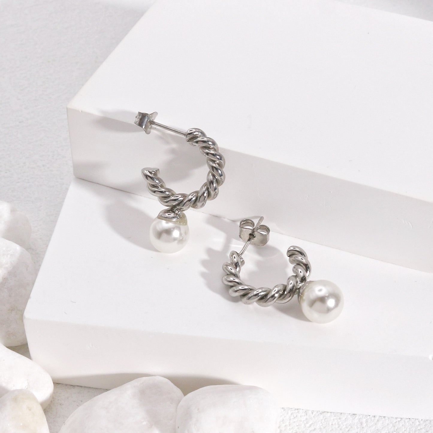 Erin Twisted Hoop and Pearl Drop Minimalist Earrings