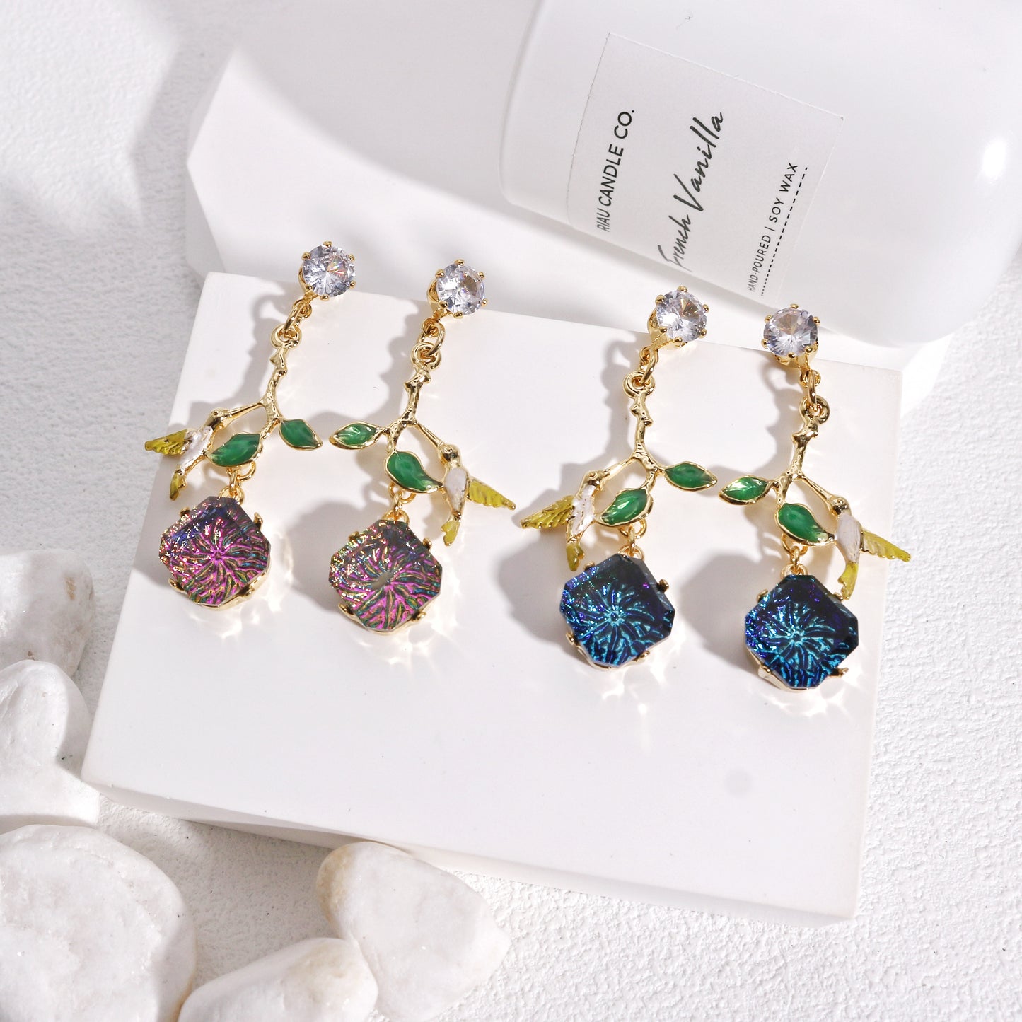 Andrea Hummingbird on Large Crystal Drop Earrings