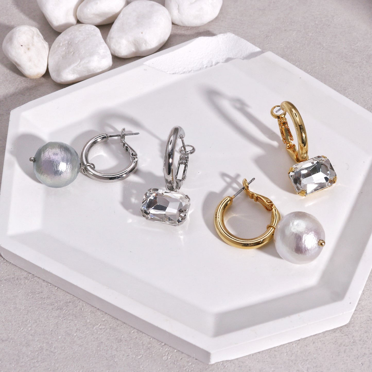 Colette Asymmetric Pearl and Crystal Grunge Drop Earrings