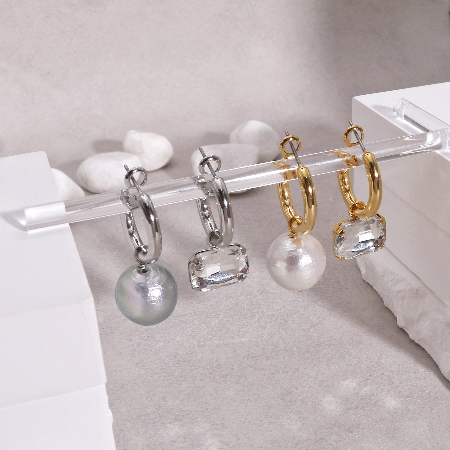 Colette Asymmetric Pearl and Crystal Grunge Drop Earrings