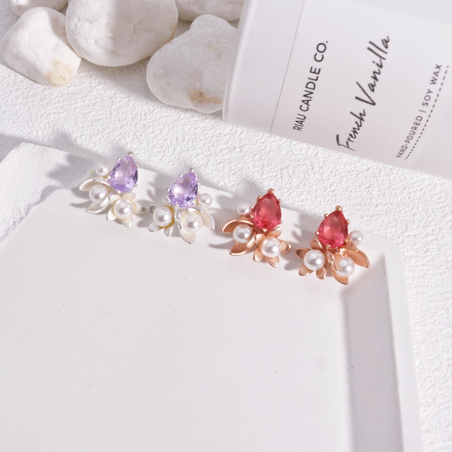 Solandis Elegant Pear Crystal Floral Stud Earrings