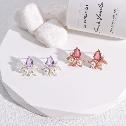 Solandis Elegant Pear Crystal Floral Stud Earrings