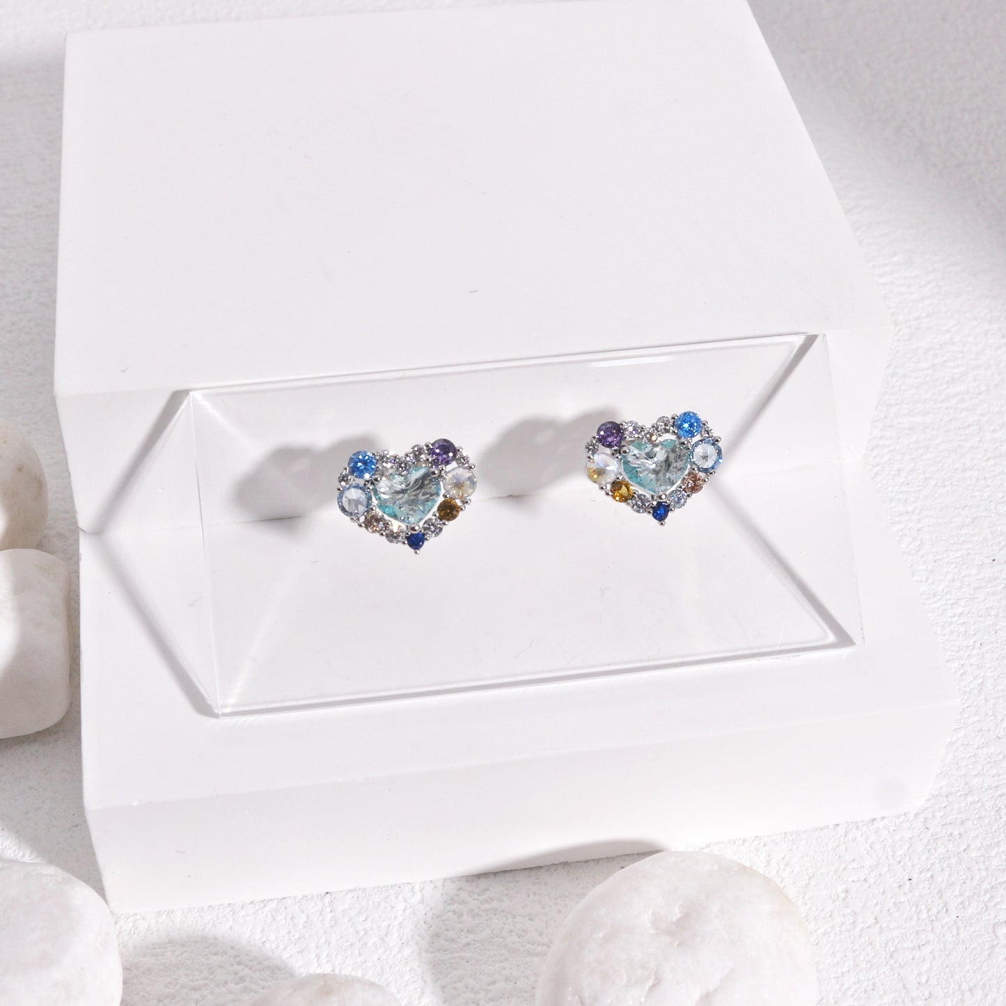 Pink Blue Korean Crystal Heart Stud Earrings
