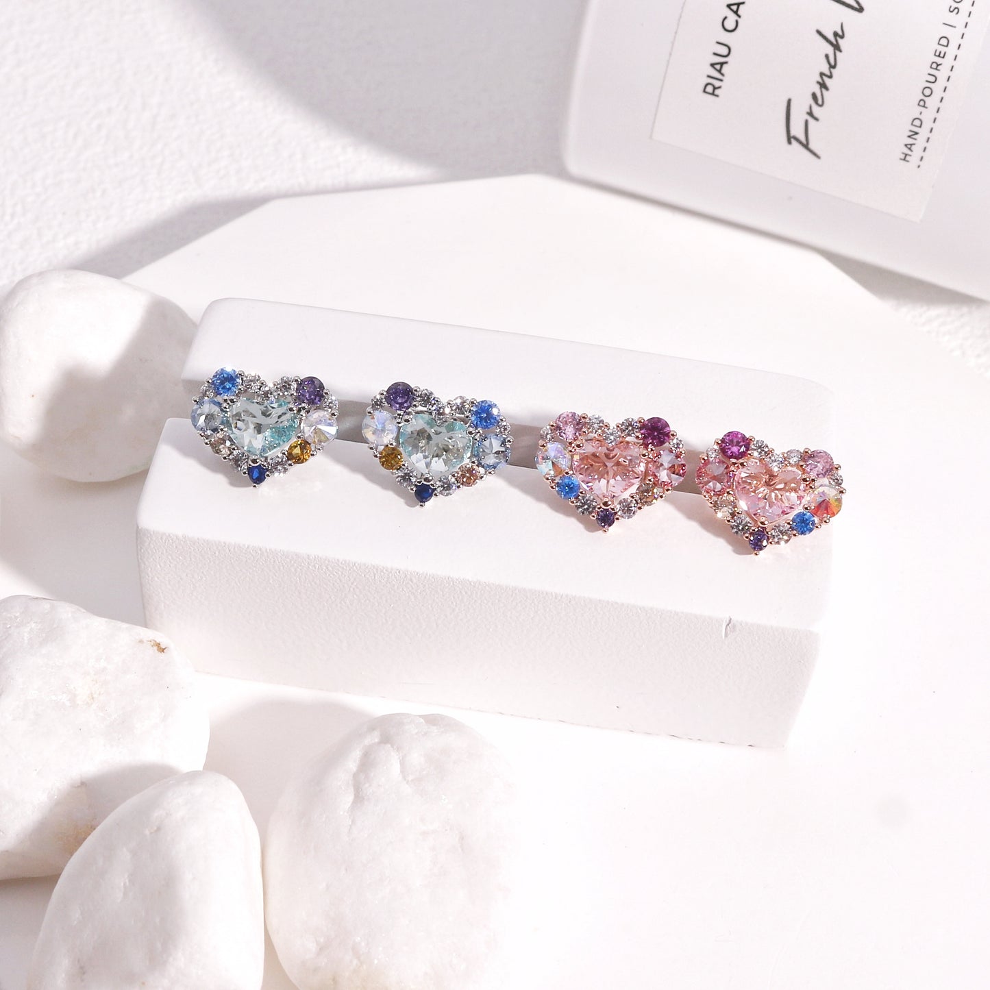 Pink Blue Korean Crystal Heart Stud Earrings