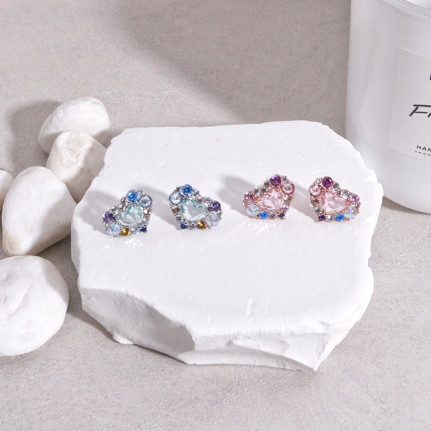 Pink Blue Korean Crystal Heart Stud Earrings