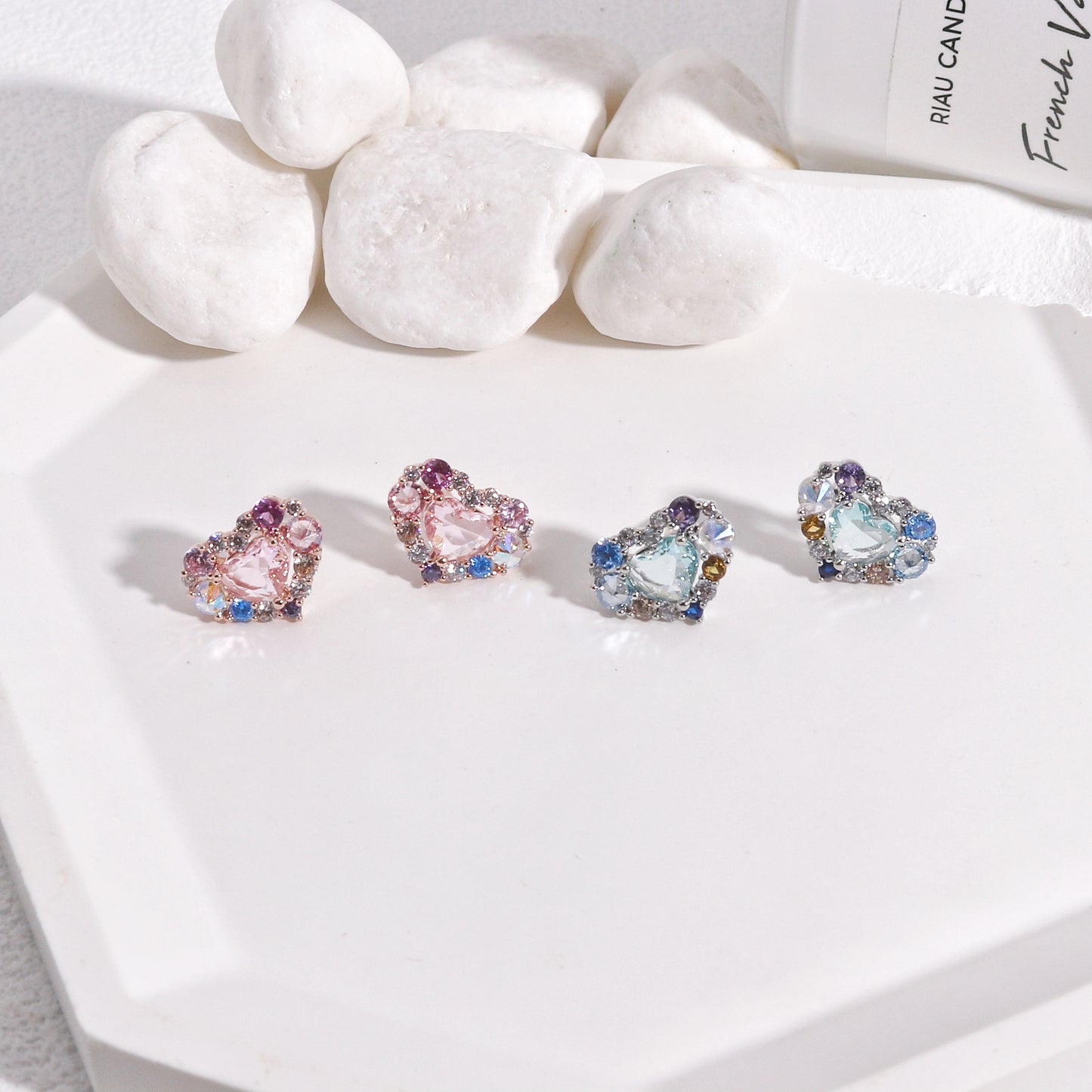 Pink Blue Korean Crystal Heart Stud Earrings