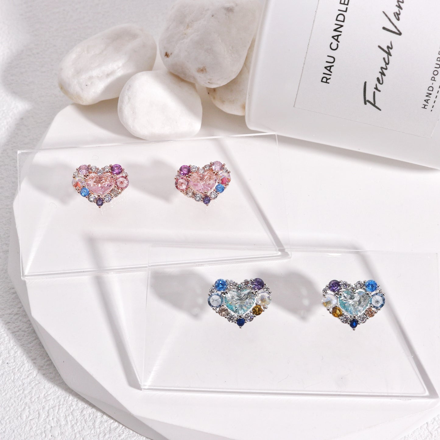 Pink Blue Korean Crystal Heart Stud Earrings