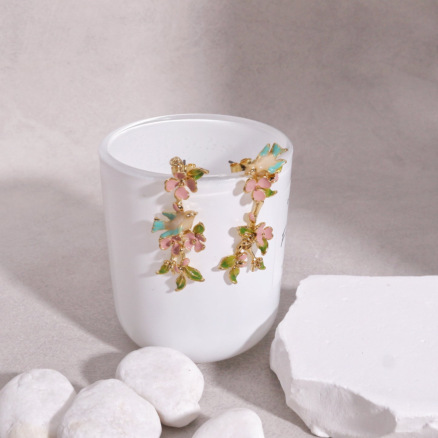 Natalie Floral Garden and Dove Unique Drop Earrings
