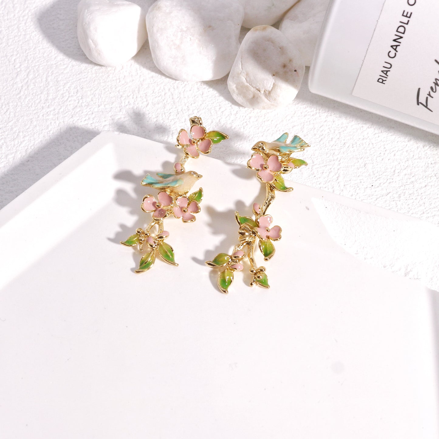 Natalie Floral Garden and Dove Unique Drop Earrings