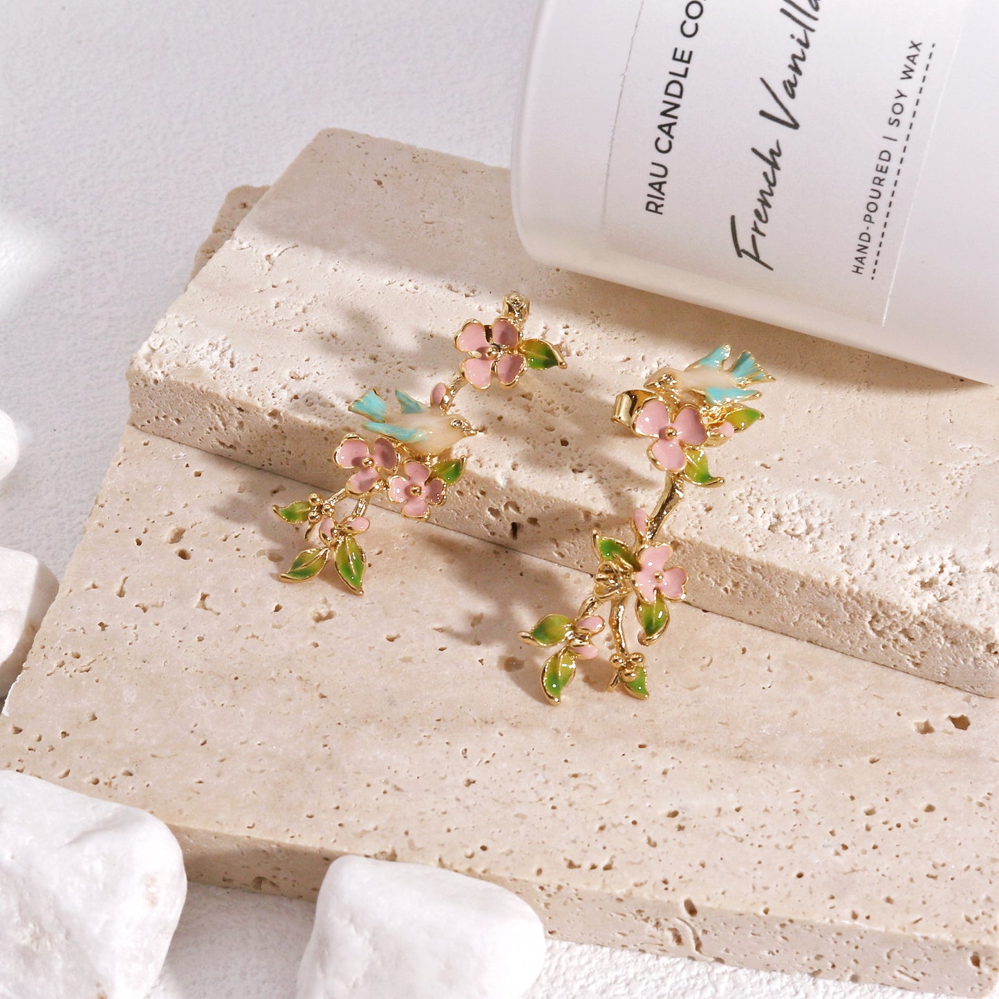 Natalie Floral Garden and Dove Unique Drop Earrings