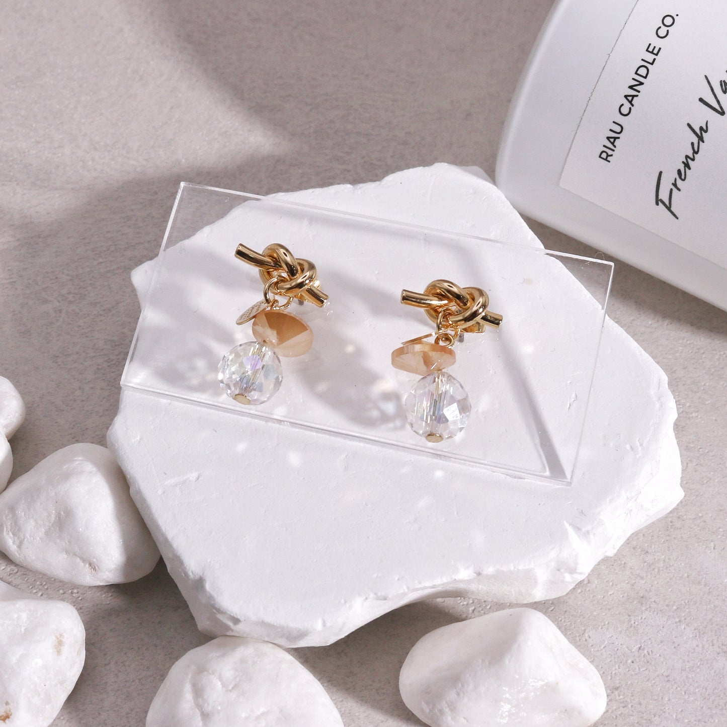 Faceted Crystal and Knot Short Dangle Earrings