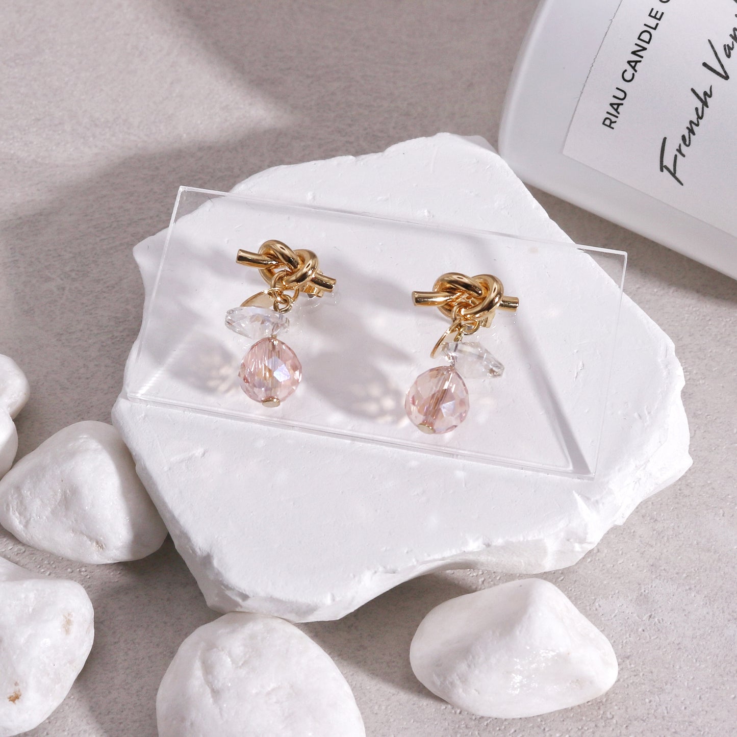 Faceted Crystal and Knot Short Dangle Earrings