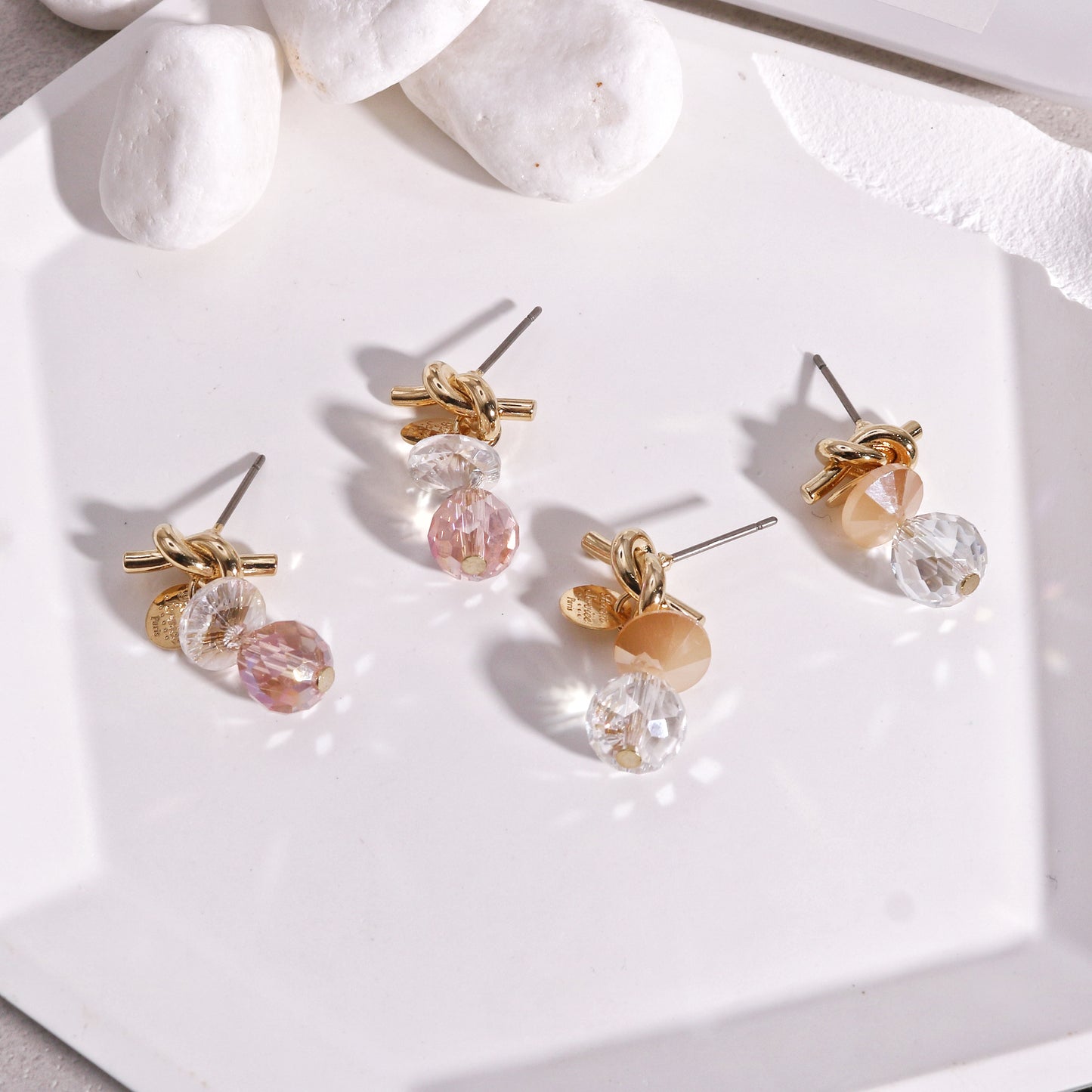 Faceted Crystal and Knot Short Dangle Earrings