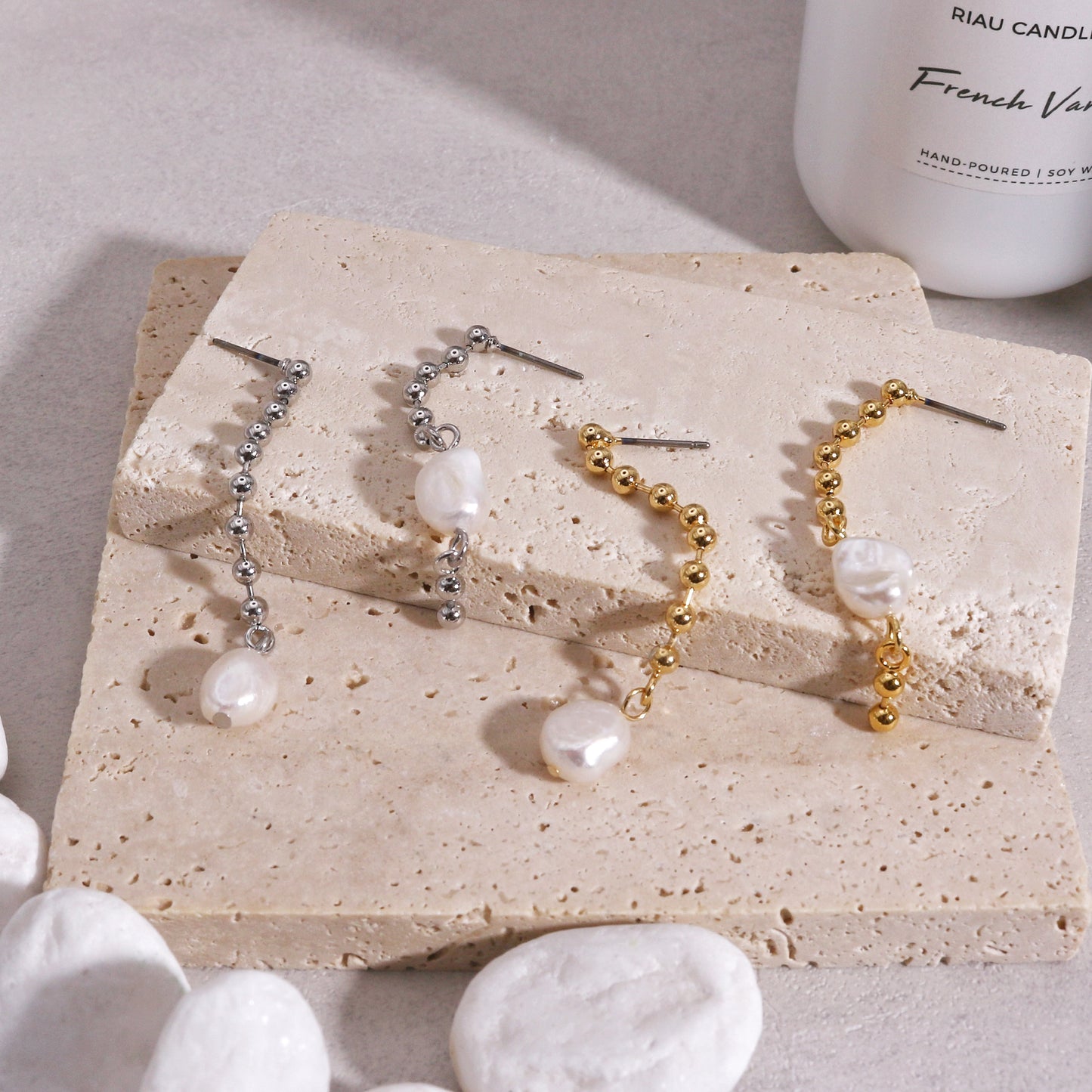 Kyla Asymmetric Bead Chain and Pearl Drop Earrings