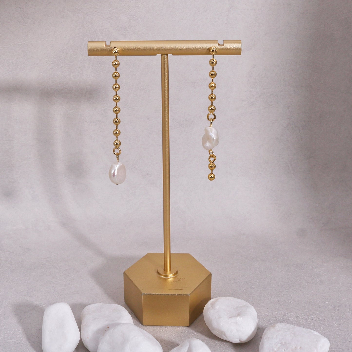 Kyla Asymmetric Bead Chain and Pearl Drop Earrings