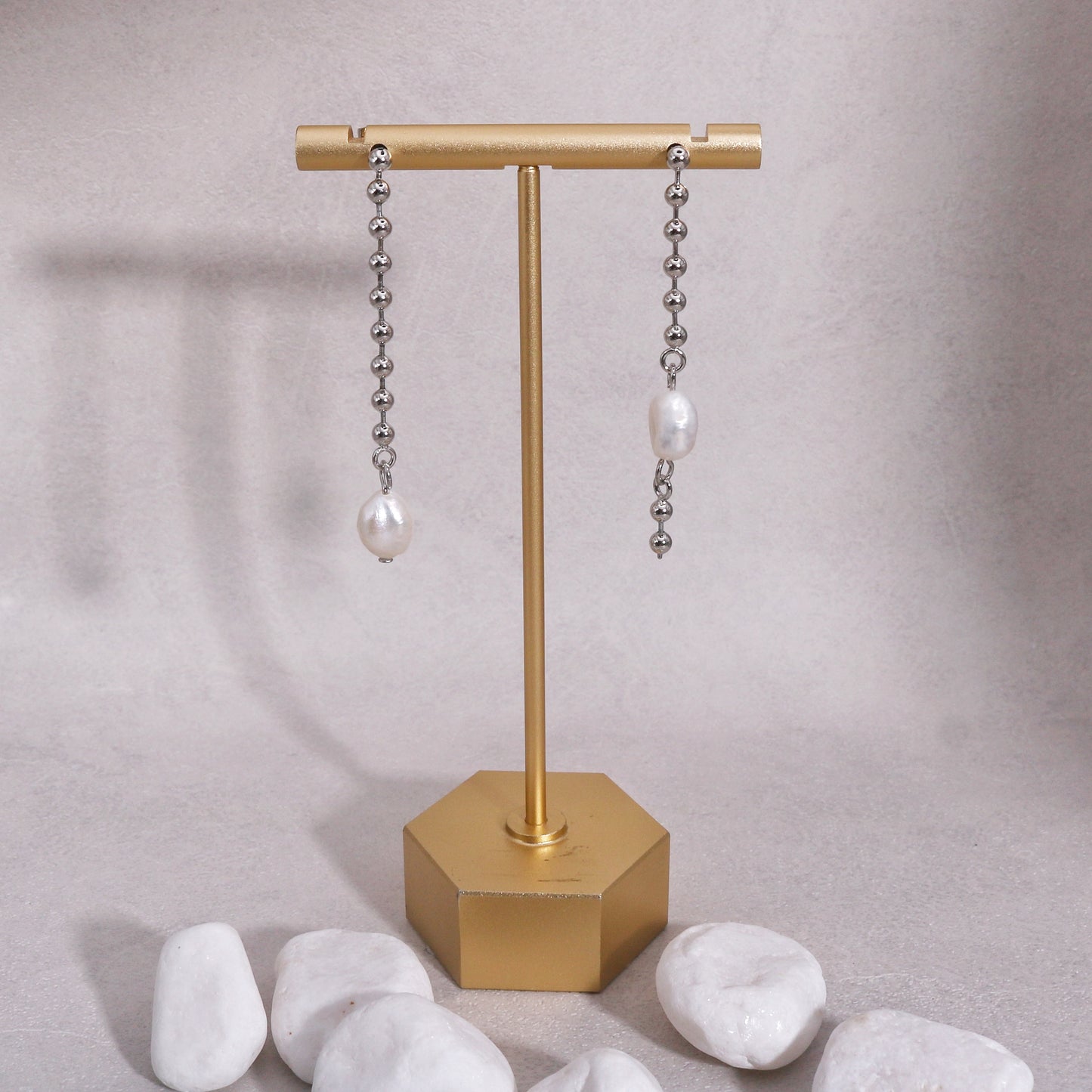 Kyla Asymmetric Bead Chain and Pearl Drop Earrings