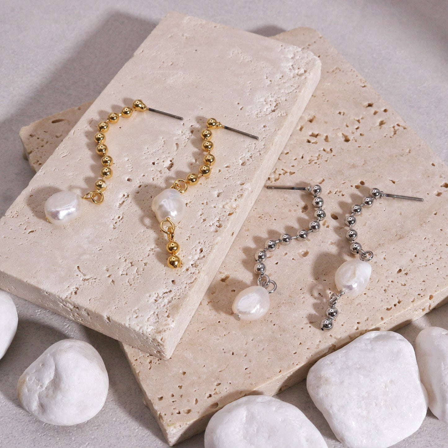 Kyla Asymmetric Bead Chain and Pearl Drop Earrings