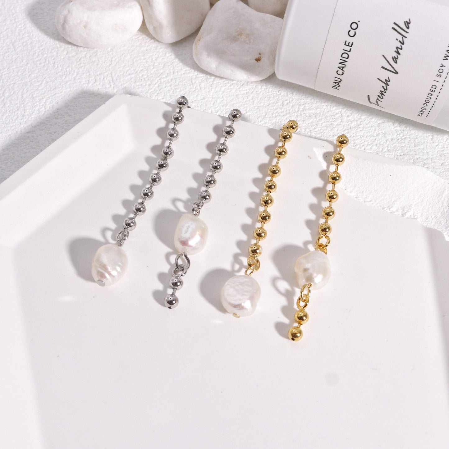 Kyla Asymmetric Bead Chain and Pearl Drop Earrings