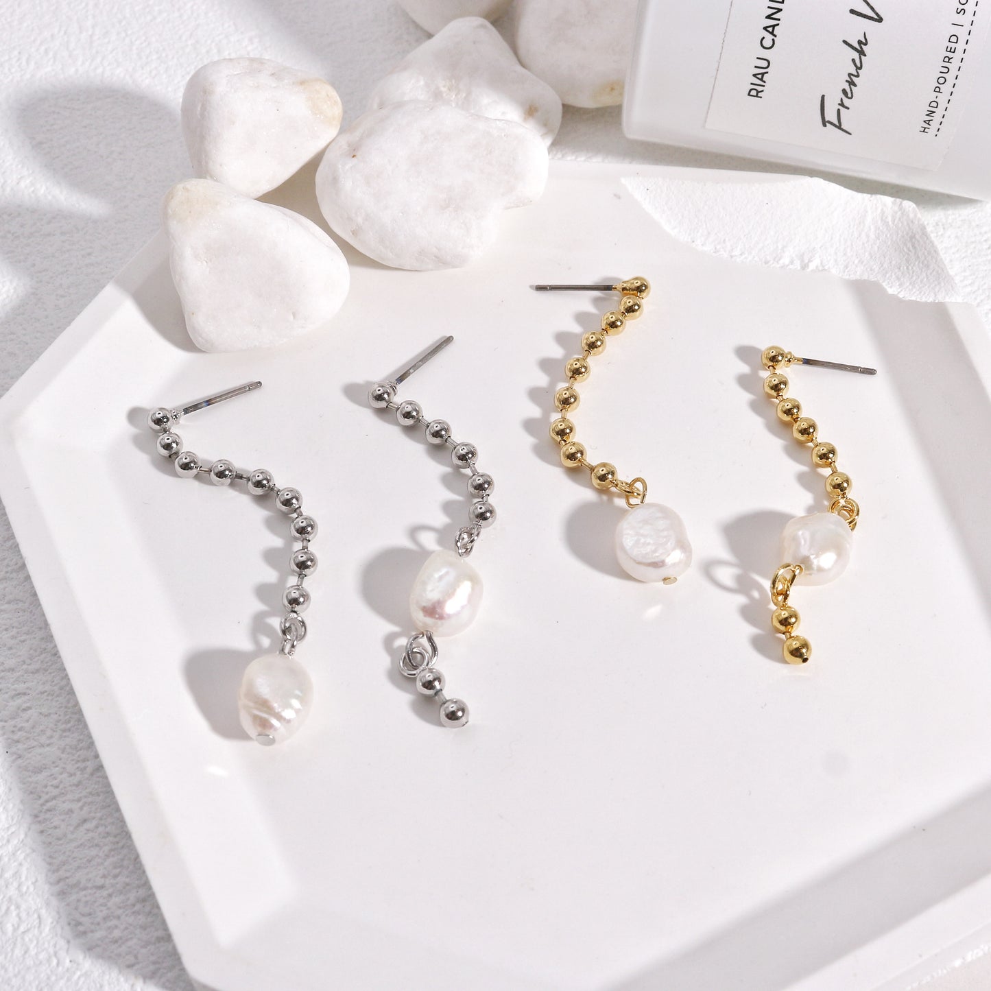 Kyla Asymmetric Bead Chain and Pearl Drop Earrings