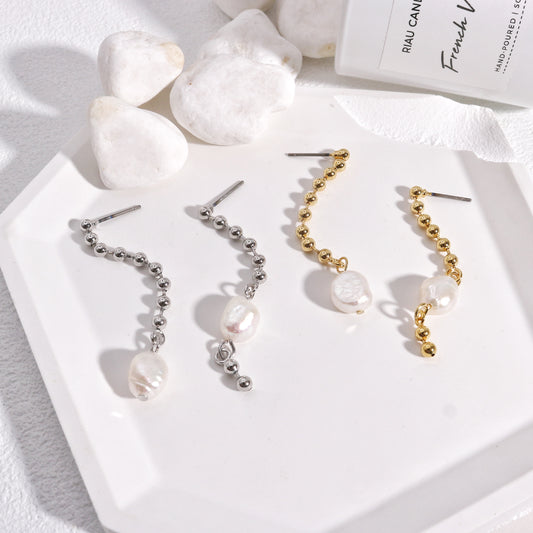 Kyla Asymmetric Bead Chain and Pearl Drop Earrings