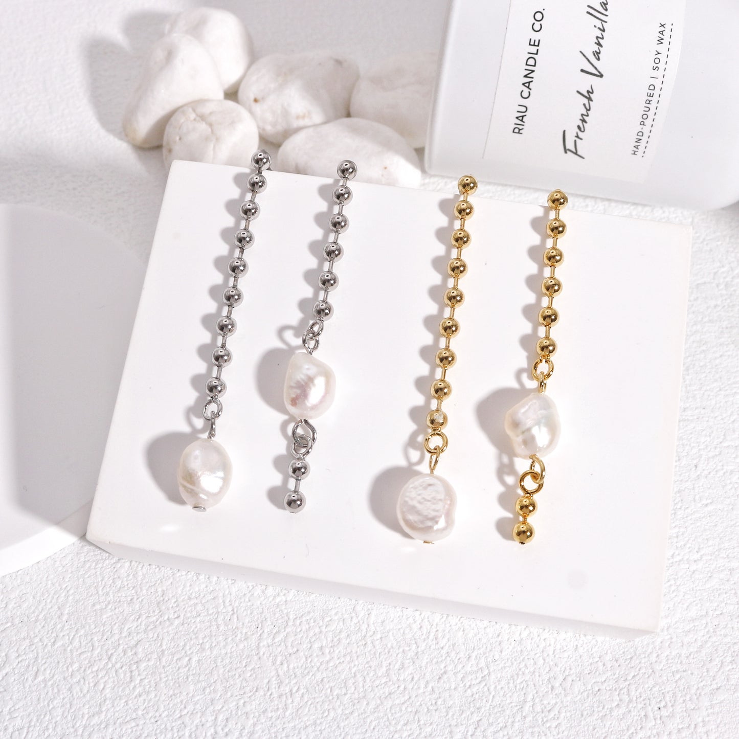 Kyla Asymmetric Bead Chain and Pearl Drop Earrings