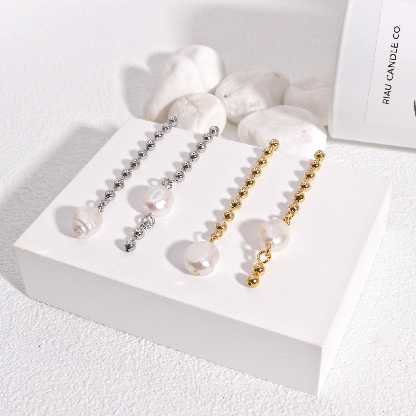 Kyla Asymmetric Bead Chain and Pearl Drop Earrings