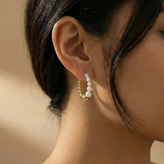 Alicia Beaded Metal and Pearl Hoop Earrings
